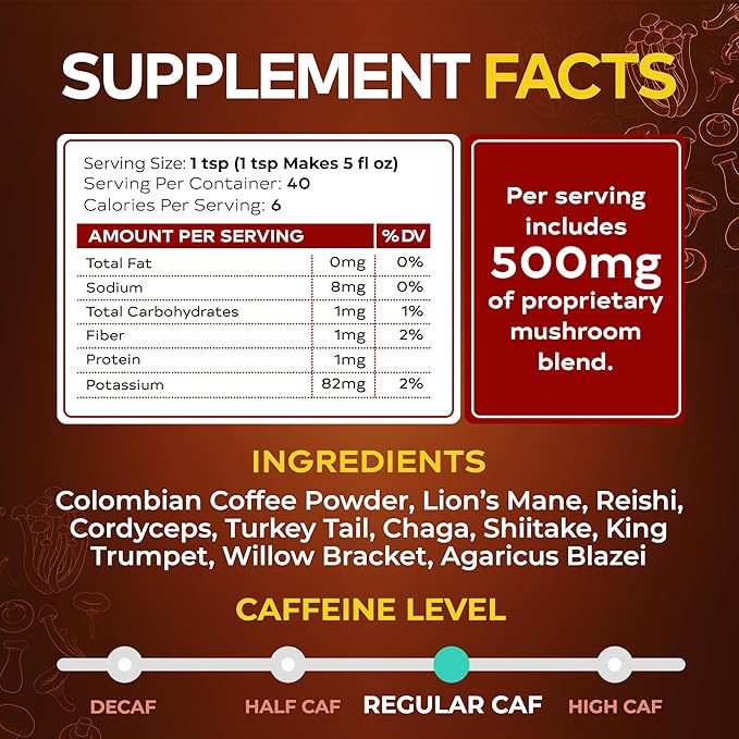 Wixar Mushroom Coffee Blend - Ten Treasure Mushrooms Extract Instant Coffee Powder with Lions Mane Turkey Tail Reishi Chaga Shiitake Maitake Cordyceps Complex - 5oz Mushroom Supplement