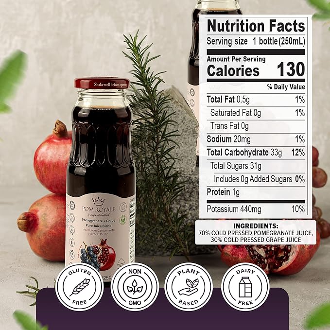 Pure Pomegranate &amp Grape Juice 33.8oz Glass Bottle (Pack of 4) Cold Pressed Juice Not from Concentrate Non-GMO No Sugar Added Gluten Free Preservative Free