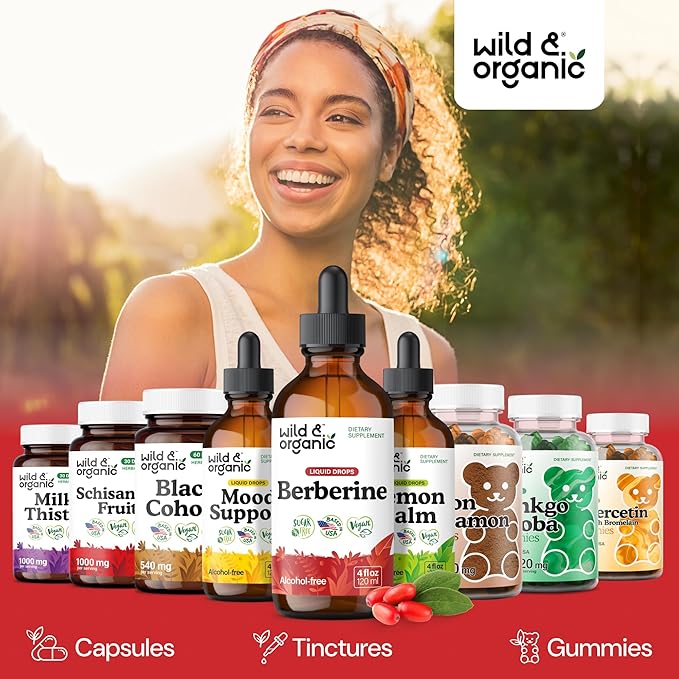 Wild &amp Organic Berberine Drops 500mg - Liquid Berberine Supplement HCL for Overall Support - Pure Extract Tincture - Vegan Alcohol &amp Sugar-Free - 4 fl oz