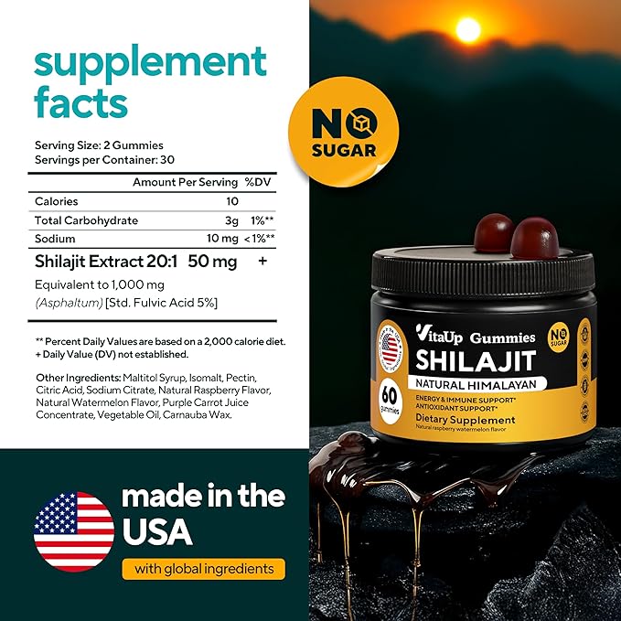 Himalayan Shilajit Gummies for Men &amp Women – Sugar-Free Shilajit Gummies with Fulvic Acid – Pure Energy Immune &amp Healthy Aging Support – 60 Gummies