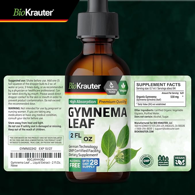 BIO KRAUTER® Gymnema Sylvestre - Liquid Drops Gymnema Sylvestre Extract 530 mg per Serving 2 Fl.Oz 28-Day Supply - Pure &amp Vegan Gurmar for Glucose Metabolism Support* - Alcohol &amp Sugar Free