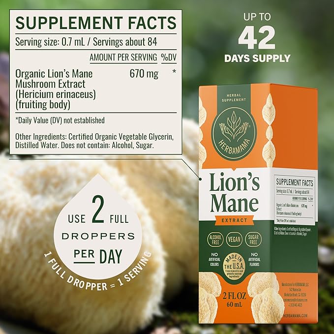 HERBAMAMA Lions Mane Tincture - Vegan Focus &amp Nerve Support with Lion's Mane Mushroom Extract - Hericium Erinaceus Brain Support Supplement - Non-GMO Alcohol &amp Sugar-Free - 42-Day Supply