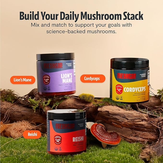 FreshCap Mushrooms Ayurveda Reishi Mushroom Powder 14000mg - Organic Mushroom Extract Supplement Powder Nootropic Red Reishi Supplement Blend (60 Servings)