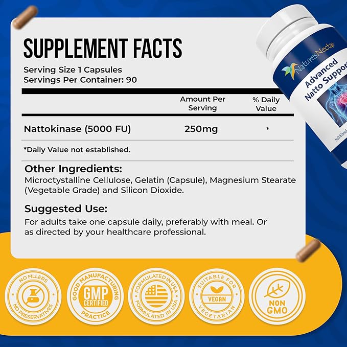 Nature's Nectar Organic Nattokinase supplement 250mg – Double Strength Nattokinase 5000 fu Natural Blood Thinner Supports Cardiovascular &amp Blood Circulation Health – Non GMO &amp Gluten Free 90
