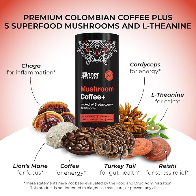 Inner Elevate Mushroom Coffee Superfood with 5 Adaptogenic Mushrooms - Upgraded Coffee Alternative with Half Caffeine - Arabica with Lion's Mane Cordyceps Chaga Reishi Turkey Tail and L-Theanine