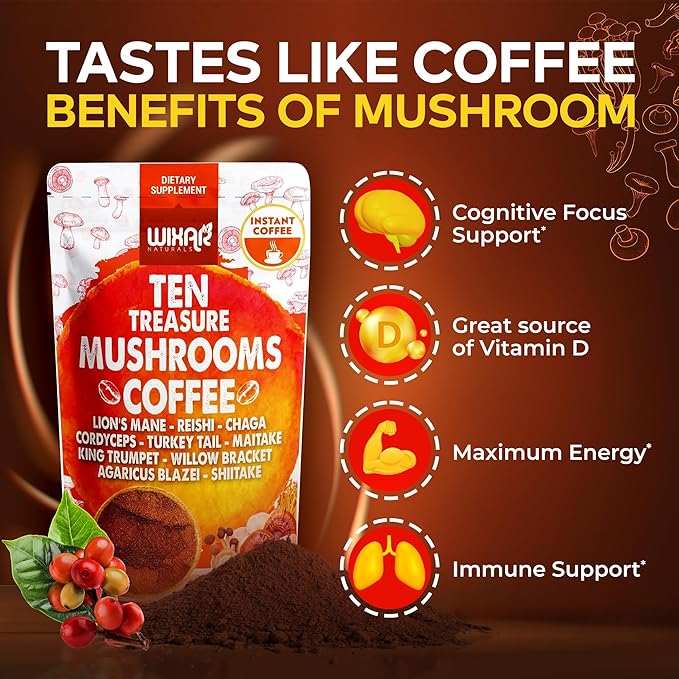Wixar Mushroom Coffee Blend - Ten Treasure Mushrooms Extract Instant Coffee Powder with Lions Mane Turkey Tail Reishi Chaga Shiitake Maitake Cordyceps Complex - 5oz Mushroom Supplement