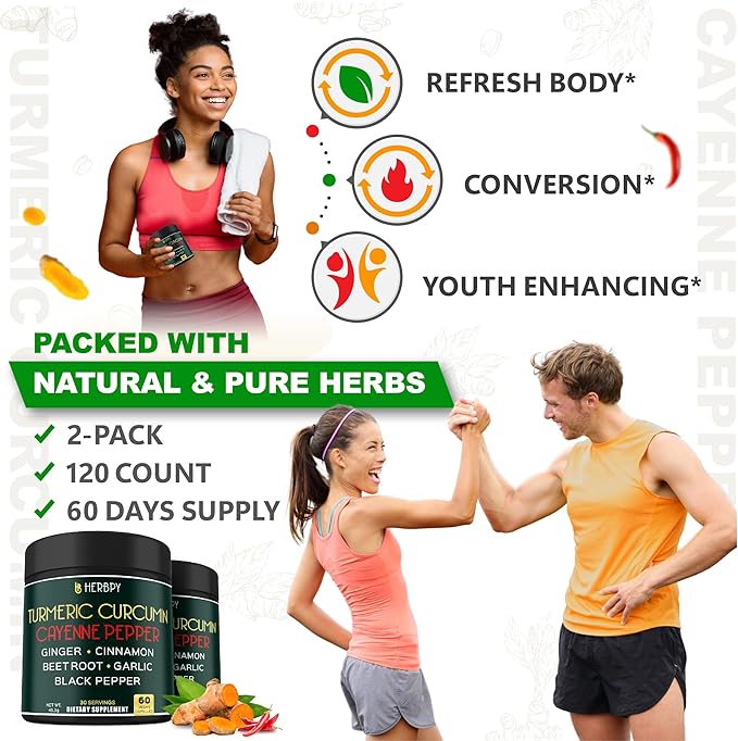 7in1 Turmeric and Cayenne Pepper Supplement - Digestion Immune Brain &amp Heart Health Support with Ceylon Ginger Garlic Beetroot - 2Pack60