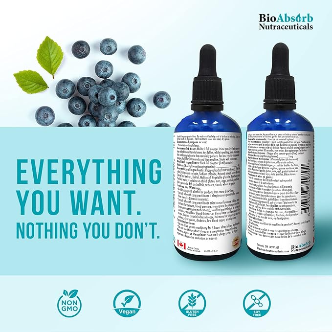 Bio Absorb Liposomal Liquid Melatonin 5mg per Serving. 100-Day Supply. Fast Acting Sublingual Drops. Natural Berry Flavour (3.38oz)