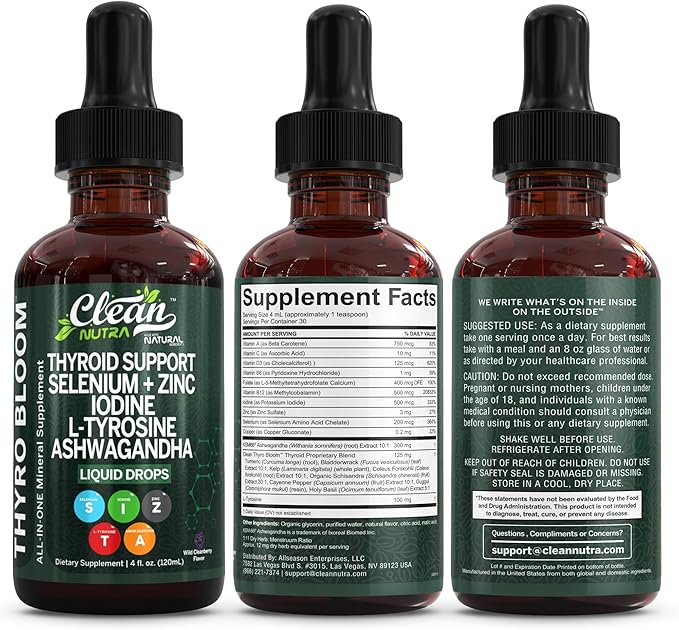 Clean Nutra Thyroid Support Drops Selenium Zinc Iodine L Tyrosine KSM66 Ashwagandha Vitamin D3 B12 A C Turmeric Kelp Schisandra Guggul Cayenne Basil Liquid Supplement Folate Copper Thyro Bloom Drop