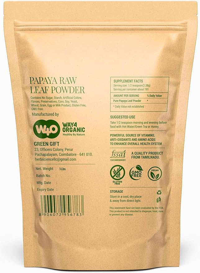 Papaya Leaf Powder 64 Ounces(4 Pounds) Dried from Fresh Green Leaves Good to Make Tea Juice Extract (No Fruit No Seeds) - Way4Organic