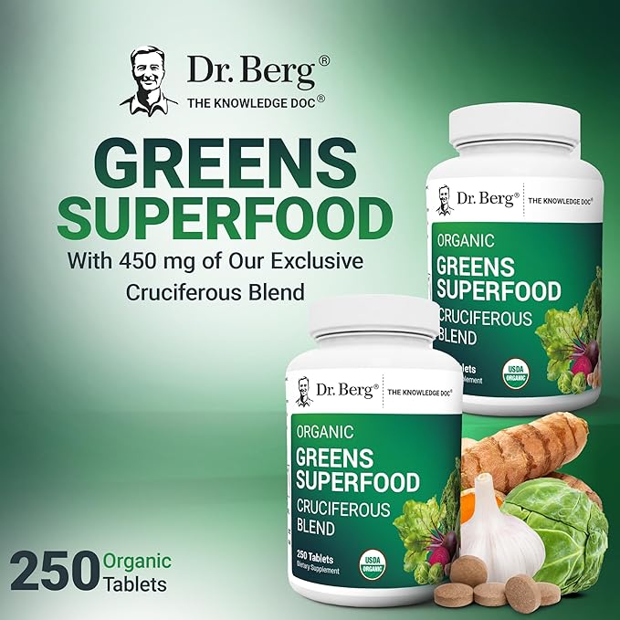 Dr. Berg's Greens Superfood Cruciferous Vegetable Tablets - Vegetable Supplements for Adults w/ 11 Phytonutrient Super Greens Tablets - Energy Immune System &amp Liver Veggie Tablets - 250 Tablets