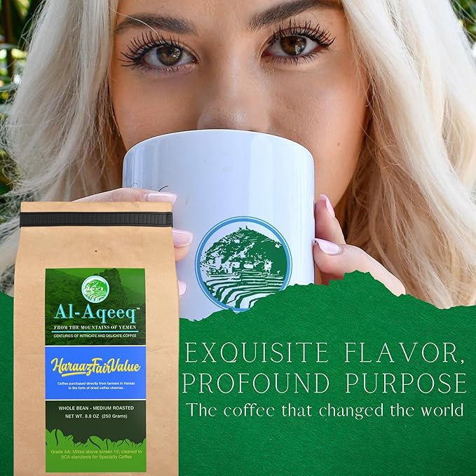 Al-Aqeeq Whole Bean Yemen Coffee Haraaz Region | Specialty Organic Arabica Coffee | Low Acid Medium Roast | Freshly Roasted Fair Value