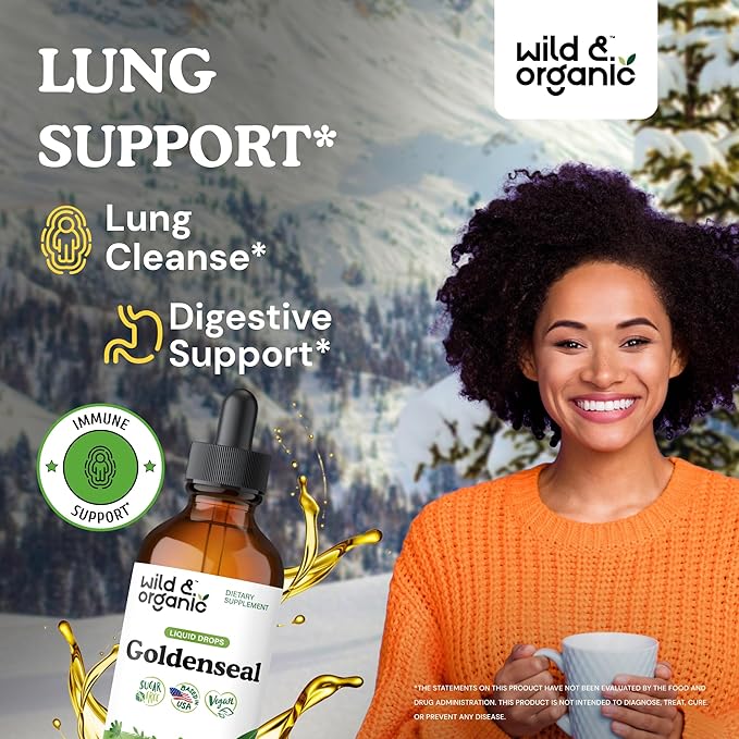 Wild &amp Organic Goldenseal Tincture - Lung &amp Digestive Support - Goldenseal Root Extract Liquid Drops - Vegan Sugar &amp Alcohol-Free Herb Supplement - 4 fl oz