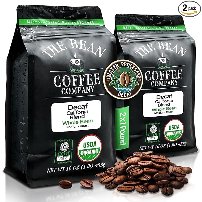 The Bean Organic Coffee Company Water Processed DECAF California Blend Medium Roast Whole Bean Coffee 16-Ounce Bags (Pack of 2)