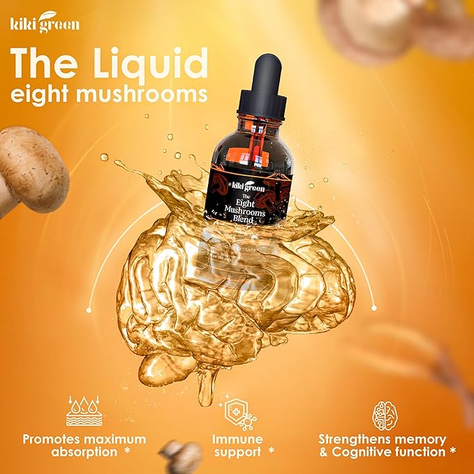 Kiki Green 8 Mushrooms Liquid Extract Drops - Adaptogenic Complex for Cognitive Support Immunity Boost - Lions Mane Supplement Cordyceps Chaga Reishi Shiitake Maitake Red Reishi