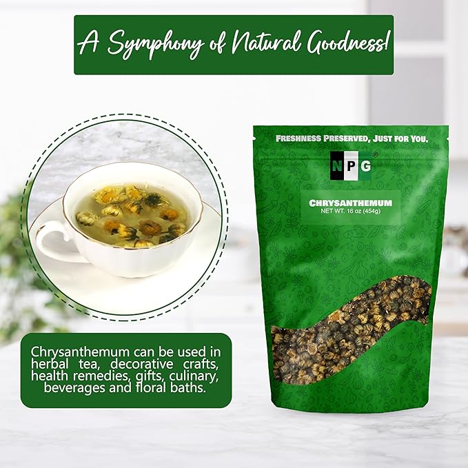 NPG Chrysanthemum Bud Tea 16 Oz Premium Dried Chinese Tai Ju Flowers Juhua Herbal Tea Caffeine-Free Non-GMO Loose Leaf with Floral Fragrance Sweet and Refreshing Flavor for Relaxation