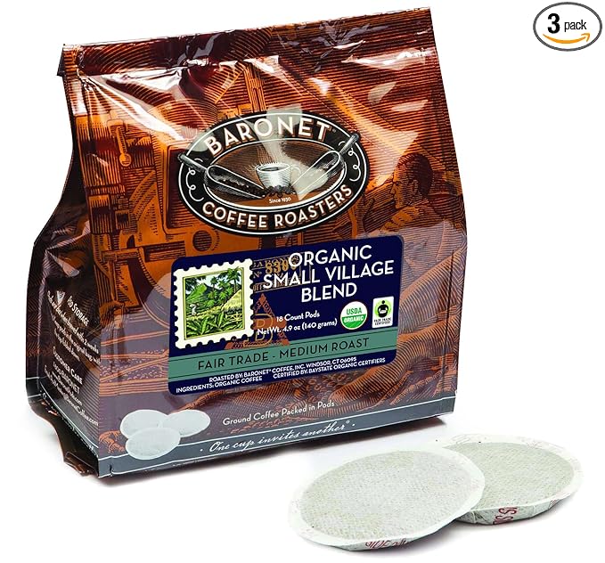 Baronet Coffee Pods [Organic Small Village-54 Pods] Single Cup Use Like Senseo - 3 Bags of 18 Single Serve 8 Gram Regular Strength Medium Roast [Organic Small Vill]