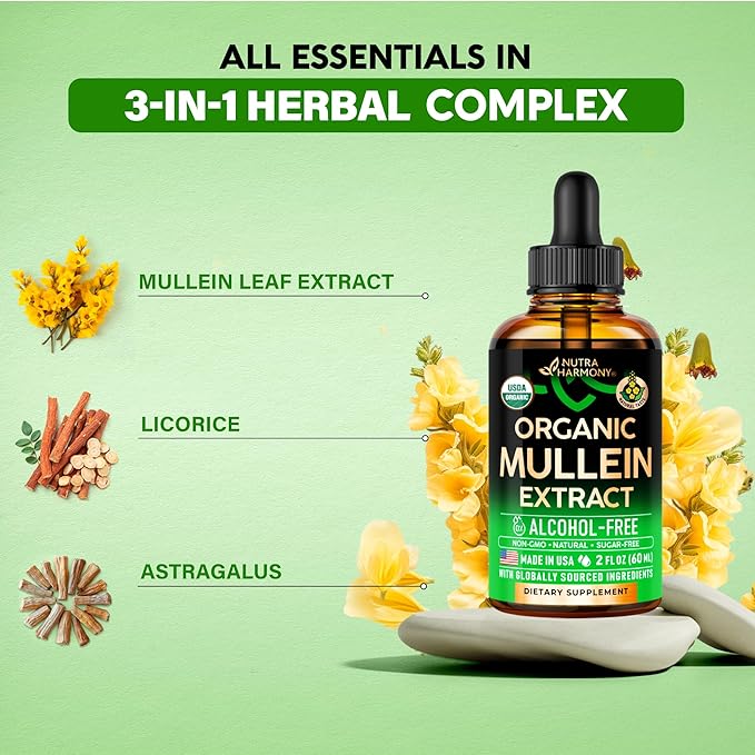 Mullein Drops for Lungs - USDA Organic Liquid - Mullein Leaf Extract Supplement - Made in USA - Lung &amp Bronchial Cleanse for Smokers - Respiratory Health Support - As Tincture Tea Pills - 2 fl o