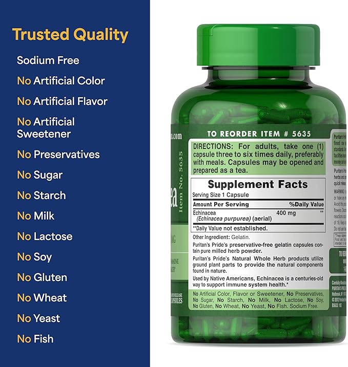 Puritan's Pride Premium Echinacea Natural Whole Herb Herbal Supplement 400mg Dietary Supplement for Health Immune System Support 200 Rapid Release Capsules 2 Pack
