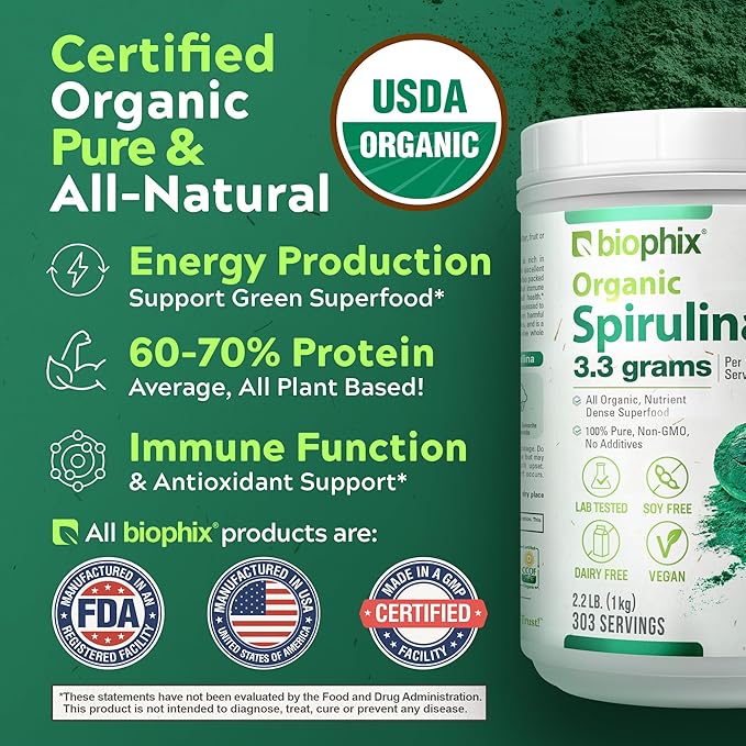 biophix Organic Spirulina Powder 2.2 Lbs 100% Pure Spirulina Blue Green Algae Powder Vegan Non GMO Non-Irradiated USDA Certified Best Protein Superfood
