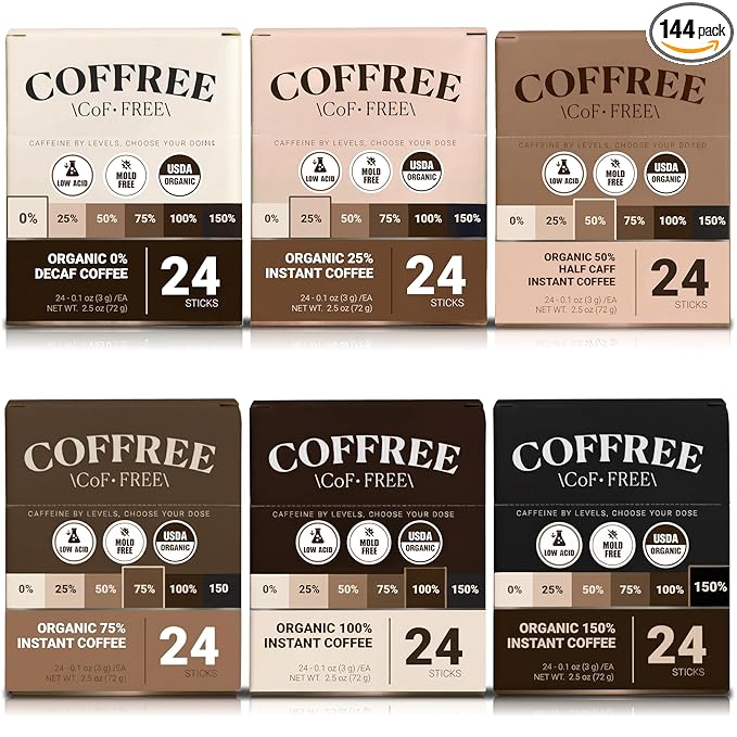 COFFREE Organic Instant Coffee Packets - Caffeine Management Packs from 150-0% Decaf Coffee - Low Acid Mold Free Made with Arabica Beans - Hot or Cold Single Serve Packets 144 Count (6 Packs of 24)