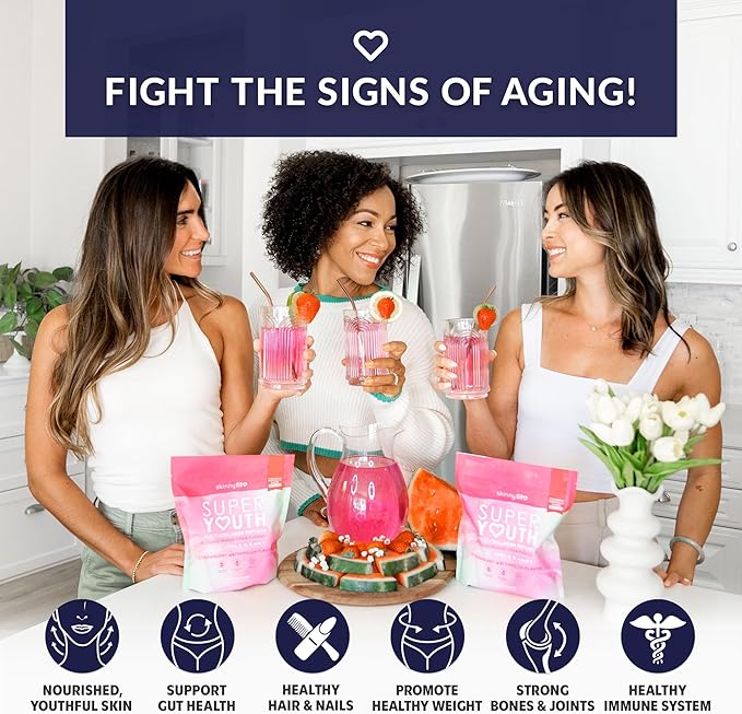 SkinnyFit - Super Youth Collagen for Women - Multi Collagen Peptides Powder - Probiotics Fiber Hyaluronic Acid - Non GMO Gluten Free Sugar Free - Beauty - Strawberry Watermelon (28 Servings)