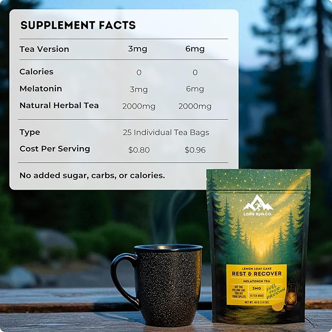 Rest &amp  Recover Sleep Tea by Long Run Co. – Caffeine‑Free Herbal Tea with Melatonin (25 Tea Bags) – All Natural Better Sleep &amp Recovery Wake Up Refreshed [6mg Melatonin Lemon Loaf Cake]