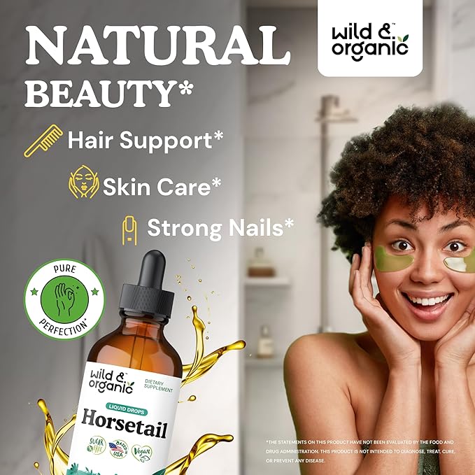 Wild &amp Organic Horsetail Herb Tincture - Hair Skin and Nails Support - Liquid Horsetail Supplement - Vegan Sugar &amp Alcohol-Free Leaf Extract Drops - 4 fl oz