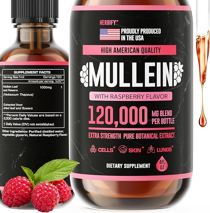 HERBIFY Mullein Drops - Lung Cleanse - Leaf Extract - Powerful Mullein for Immune Support Detox &amp Respiratory Support - Made in USA - 4 Oz Raspberry Flavor