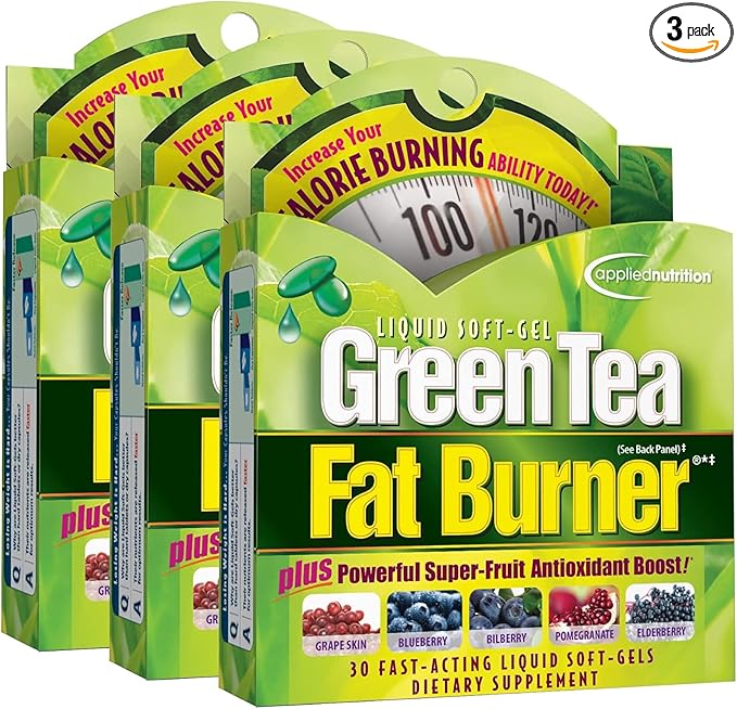 Applied Nutrition Green Tea Fat Burner - 30 Liquid Soft-Gels Pack of 3 - Increases Calorie Burning &amp Supplies Powerful Antioxidants - 45 Total Servings