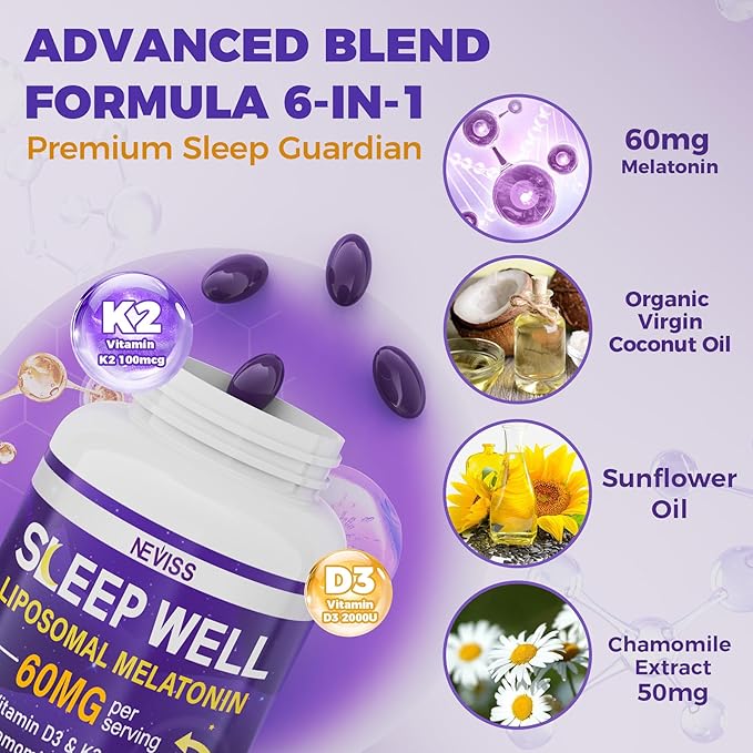 Melatonin 60mg for Adults High Dose Supports Deep Rest &amp Brain Cognition Extra Strength Liposomal Melatonin with Vitamin D3 K2 Chamomile for Sound Zzz Cycle Immune &amp Antioxidant 150 Soft