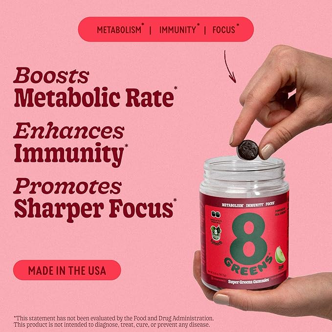 8Greens Supergreens Gummies | Super Greens Powder Superfood Gummy for Metabolism Immunity &amp Focus Digestive Health Enzymes Organic: Chlorella Spirulina Aloe Vera Apple Flavor 50 Count