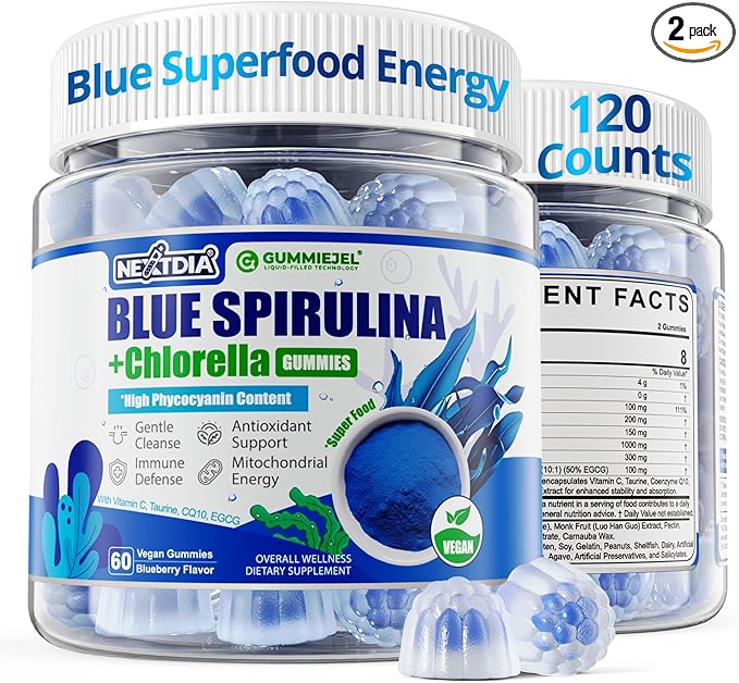 Organic Blue Spirulina Gummies High Phycocyanin from Nutrient-Rich Blue-Green Algae for Antioxidants Cellular Energy &amp Cleanse Superfood w/Chlorella CoQ10 &amp VCTaurineGreen Tea Sugar Fre
