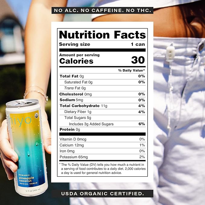 Hiyo Organic Social Tonic - Pineapple Coconut 12 Pack - N.A. Functional Seltzer Sparkling Water Crafted with Organic Adaptogens Nootropics &amp Botanicals