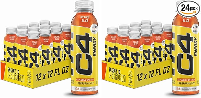 C4 Energy Non-Carbonated Zero Sugar Pre Workout Drink + Beta Alanine Orange Slice 12 Fl Oz Pack of 24