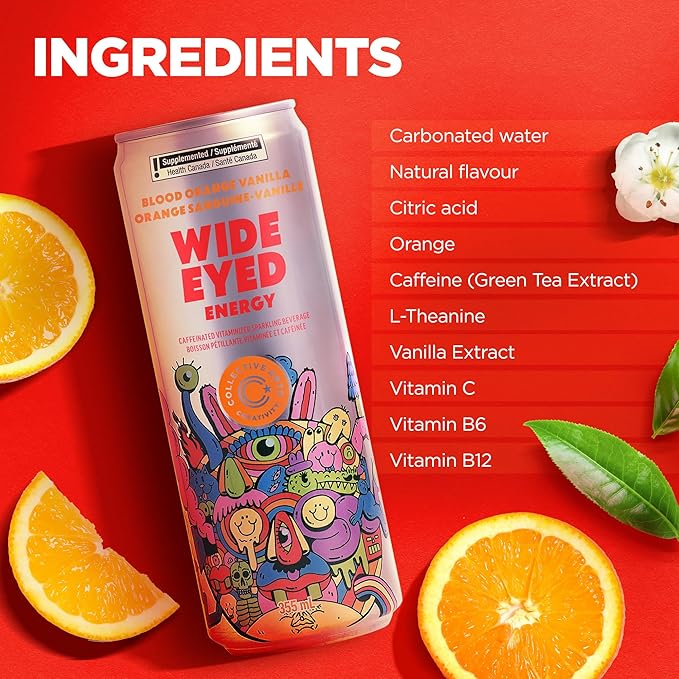 Collective Arts Wide Eyed Energy Drinks | Naturally-Flavored Caffeinated Vitaminized Sparkling Beverage With Fruit Extracts | Blood Orange Vanilla BOOST | Pack of 12 | 12 fl oz.(355ml)
