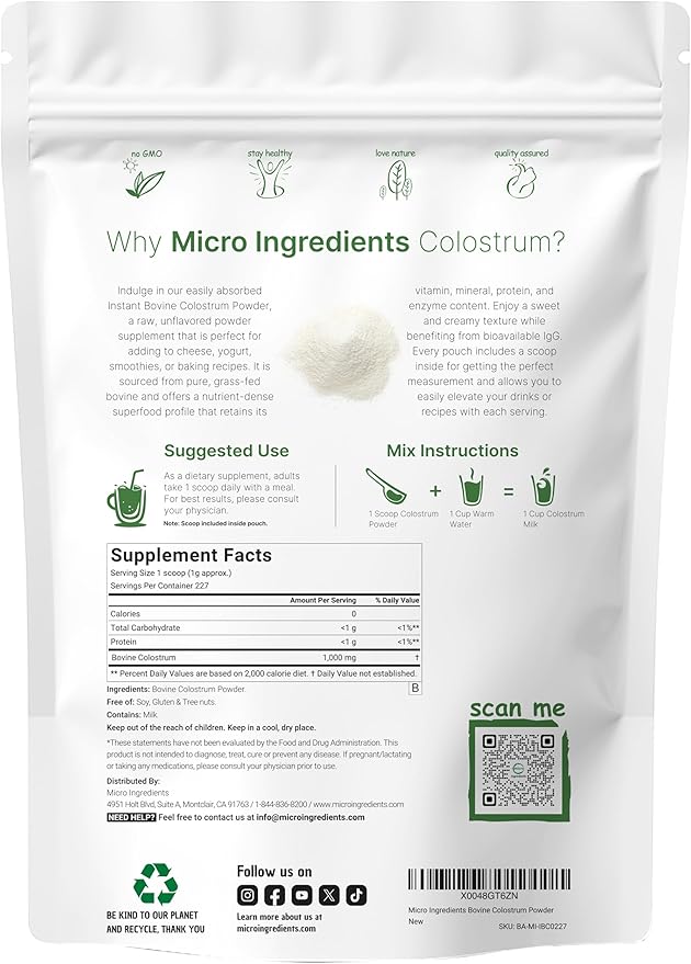 Micro Ingredients Multi Collagen Protein Powder 16oz &amp Instant Colostrum Powder Bundle 2 Pack | Grass-Fed Collagen Peptides | Premium Bovine Mother’s First Milk