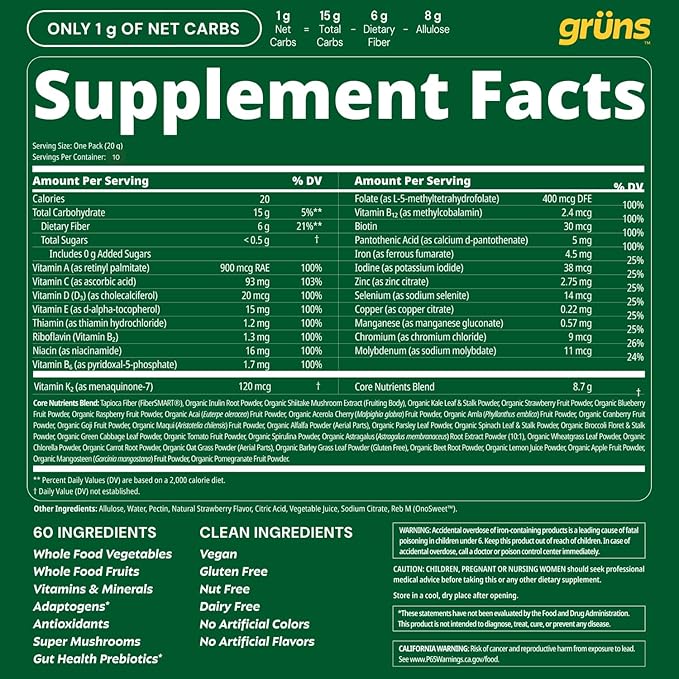 Gruns Sugar-Free Super Greens Gummies Multivitamin Superfood Gummy Bears Spirulina Chlorella Prebiotics &amp Fiber gummies for Digestive Health Adaptogens Supplement 20 Vitamins &amp Minerals