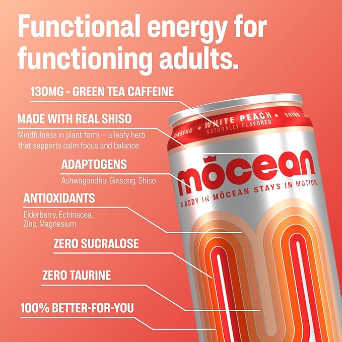 MŌCEAN White Peach Energy Drink 12 fl oz (Pack of 12) Clean Adult Energy Drink with 130mg Caffeine Adaptogens &amp Minerals No Taurine No Sucralose No Candy Flavors