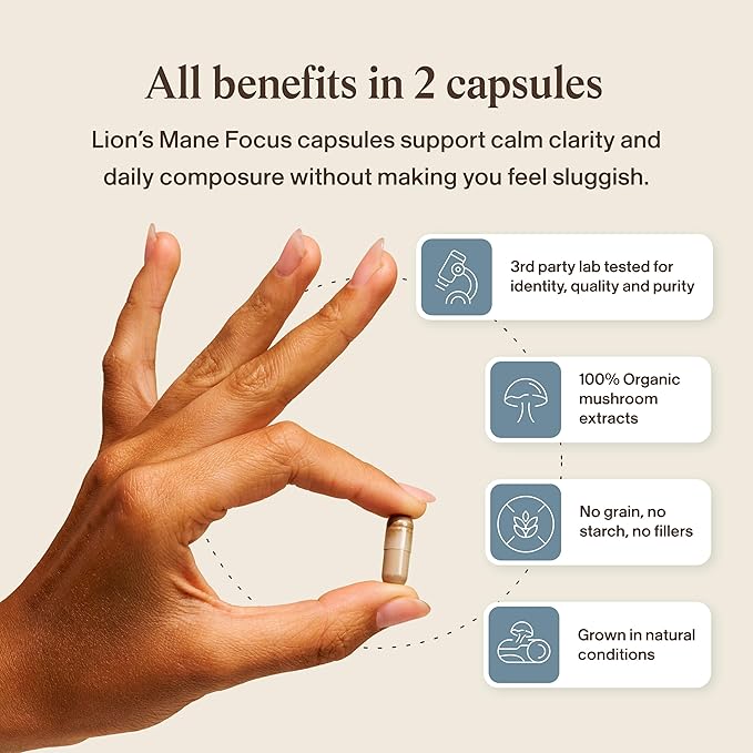 Real Mushrooms Lion’s Mane Calm Capsules (90 Count) – Organic Lions Mane Fruiting Body Extracts 200mg Organic Reishi 200mg AlphaWave L-Theanine for Calm Clarity &amp Relaxed Alertness 90ct