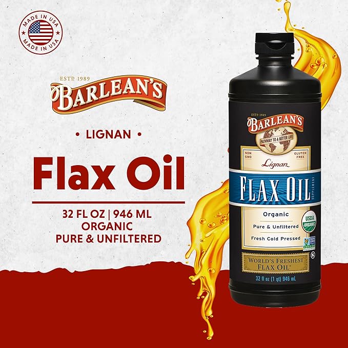 Barlean's Organic Lignan Omega 3 Flaxseed Oil Liquid Supplement for Men and Women Cold Press Flax Seeds 7230mg ALA Fatty Acid Vegan and Gluten Free 32 oz