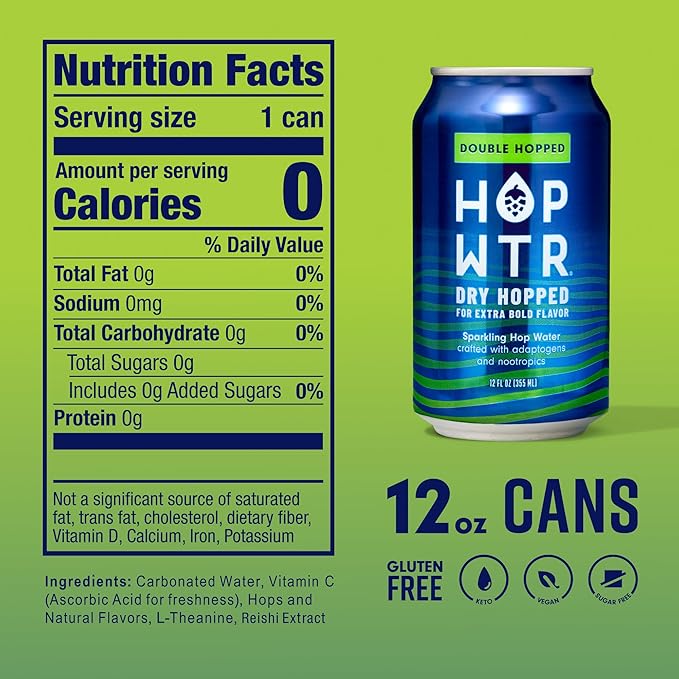 HOP WTR Double Hopped Sparkling Hop Water Zero Calories Non-Alcoholic with Adaptogens and Nootropics Sugar Free Gluten Free 12 oz Cans 12 Pack
