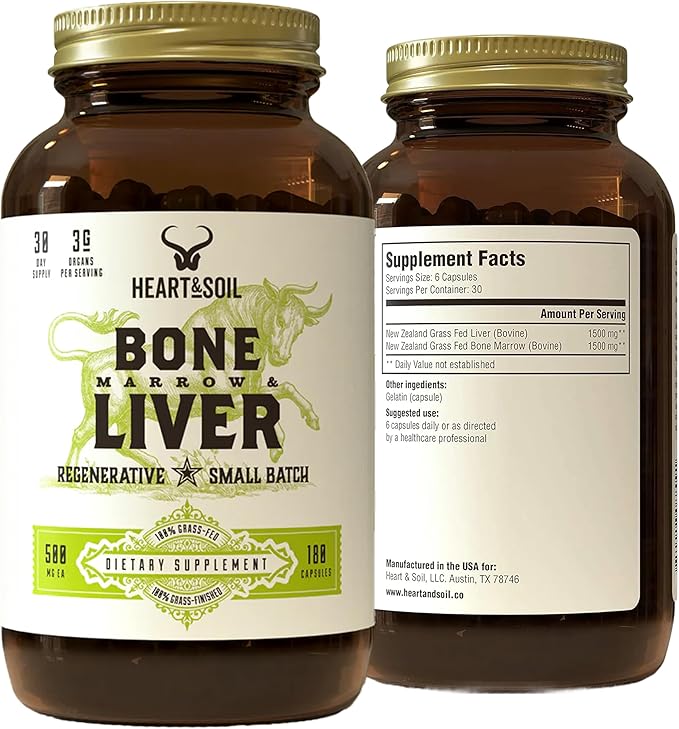 Heart &amp Soil – 100% Grass Fed &amp Finished Bone Marrow &amp Beef Liver from Regenerative Cattle – Supports Bones joints Tissue &amp Skin – 3000mg Libido Booster For Women &amp Men – Glass B