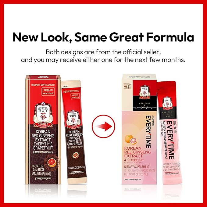 JUNG KWAN JANG Everytime Korean Red Ginseng Extract 1000mg &amp Grapefruit - Vegan Ginseng Root Energy Drink Liquid Stick Supplements - Builds Stamina &amp Immunity No Caffeine (10 Sticks 0.34 fl