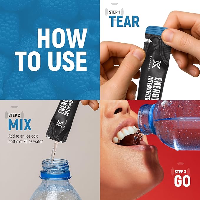 CardoMax - Energy Drink Packets - Liquid Preworkout for Men &amp Women Caffeine Packets with BCAA Vitamin B12 Vitamin B6 &amp B3 - Sugar-Free Zero Calorie Vegan &amp Keto - 15 Stick Packs - Blu