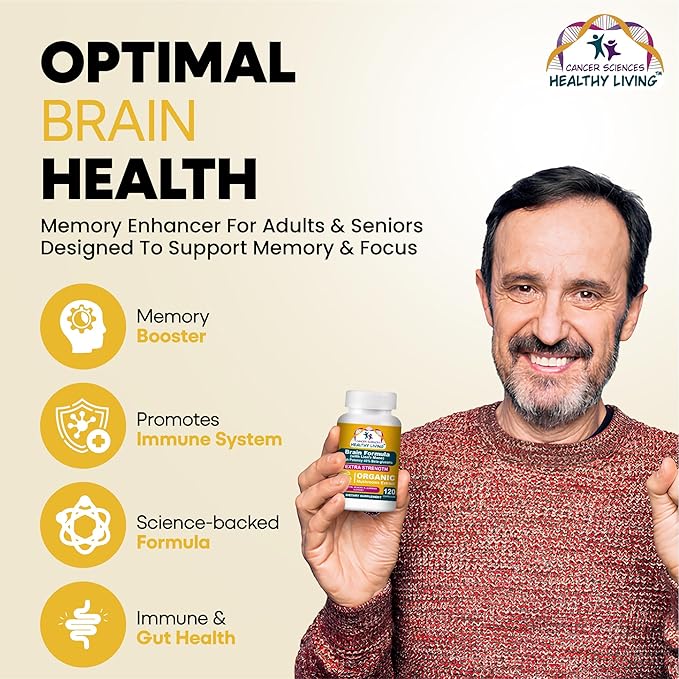 Cancer Sciences Brain Supplements for Memory and Focus - 1500mg Brain Health Mushroom Supplement for Adults &amp Seniors - High Potency 40% Beta-Glucans for Immune Support &amp Vitamins 120 Capsul