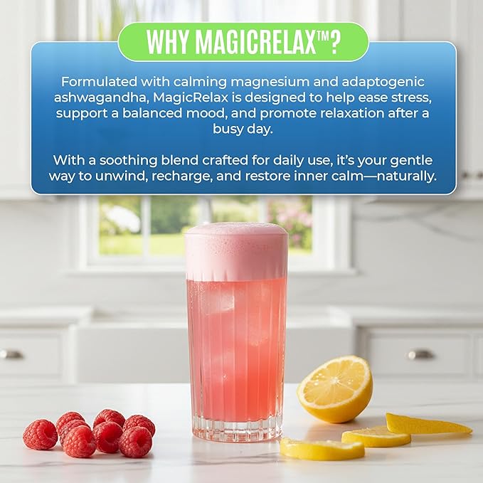 MAGICRELAX Calming Sparking Mix 8-in-1 Magnesium KSM-66 Ashwagandha Saffron Vitamin D3 GABA L-Theanine Supports Healthy Cortisol LevelsMood and Sleep No Sugar Non GMO Raspberry Lemonade Flavor