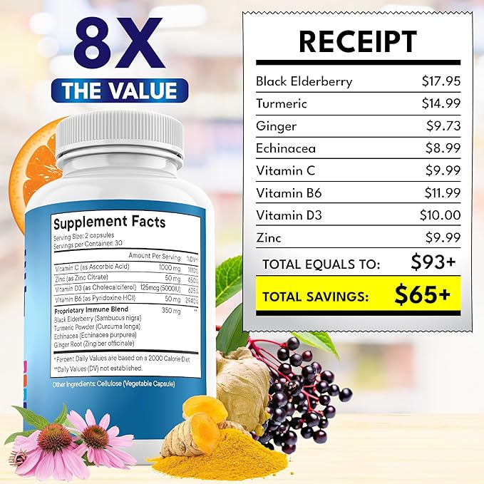 NEW AGE 8 in 1 Immune Support Booster Supplement with Echinacea Vitamin C and Zinc 50mg Vitamin D 5000 IU Turmeric Curcumin &amp Ginger B6 Elderberry 60 Count (Pack of 1)