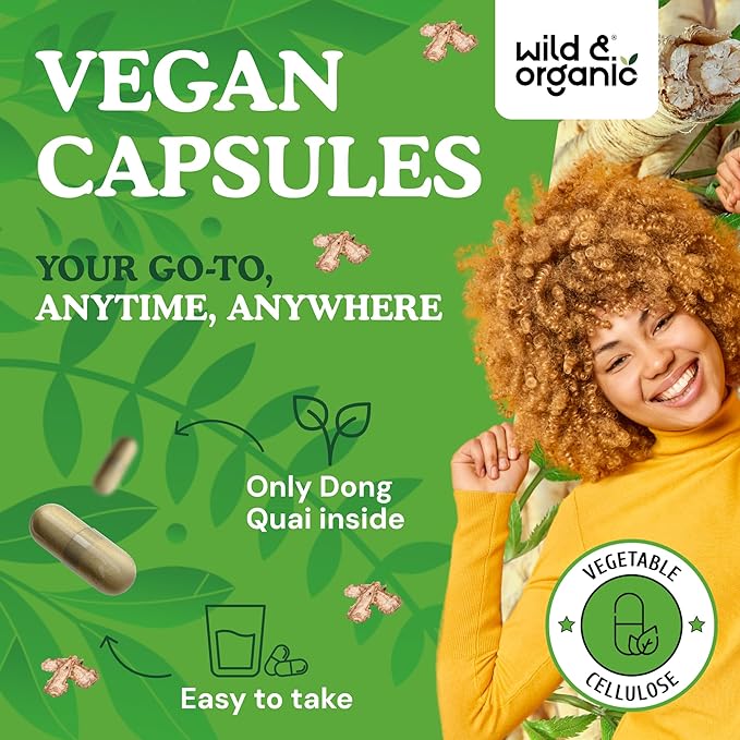 Wild &amp Organic Dong Quai Capsules 1000 mg - Menopause Supplements for Women - Dong Quai Root Supplement - 30-Day Supply - Traditional Angelica Sinensis Herb - Non-GMO Vegan - 60 Count