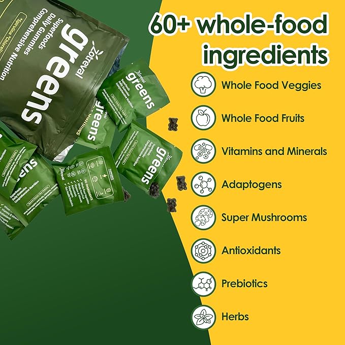 Daily Greens Superfood Green Gummies Packets - Digestive &amp Gut Health Chlorella and Spirulina Supplement with 20+ Organic Prebiotics Fiber Vitamins &amp Minerals - 224 Low Sugar Gummy